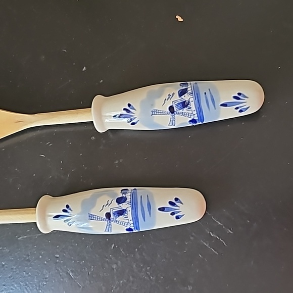 Wood Salad Serving Fork & Spoon Set Hand Painted Ceramic Handles - Picture 3 of 6